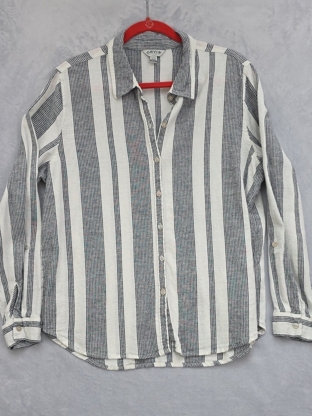 Orvis Men's Black & White Striped Button-Up Shirt